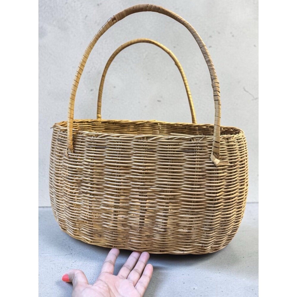 Vintage Large Wicker Basket with Handles Rustic Farmhouse Storage Laundry